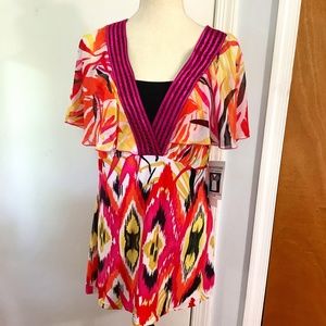 NWT NOTATIONS BOHO ARTSY ABSTRACT RED PINK BLOUSE LARGE
